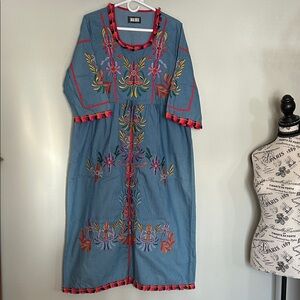 Anja Rock Boho Chic Embroidered Blue Midi Dress size xl